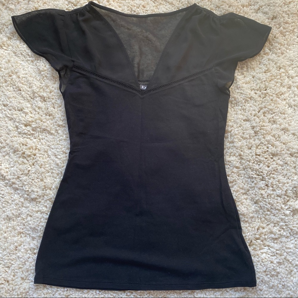 Express fitted chiffon yoke T-shirt, black, XS - Picture 2 of 7